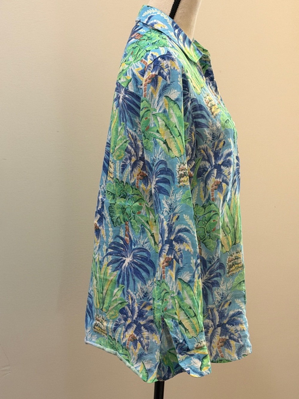J. McLaughlin Blue/Green Tropical Pattern Linen LS Blouse Sz S - Picture 2 of 7